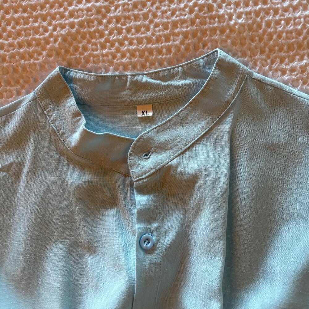 Men’s Light Blue Mandarin Collar Button Front Shirt XL Minimalist